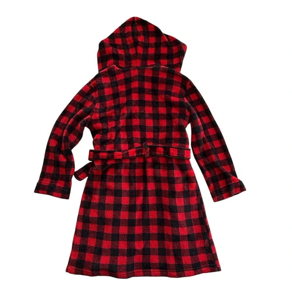 Eddie Bauer Kids Hooded Robe Fleece Red Black Buffalo Plaid Cozy Kids S 7/8‎